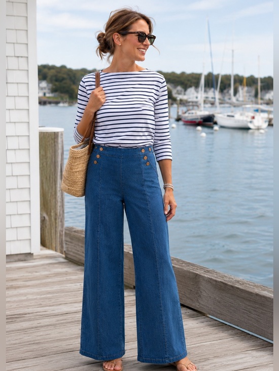 Boden Pants - Boden Sailor Wide Leg Jeans | Nautical Button Detail | Stretch Denim | US 2P